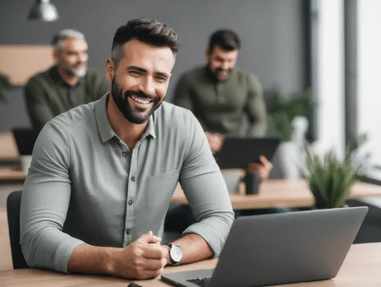 A smiling entrepreneur standing in an office with colleagues working behind him
