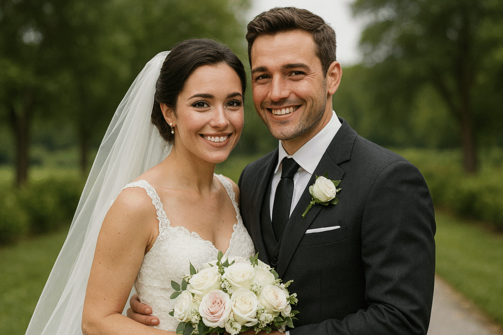 Couple holding bouquet, wedding attire.