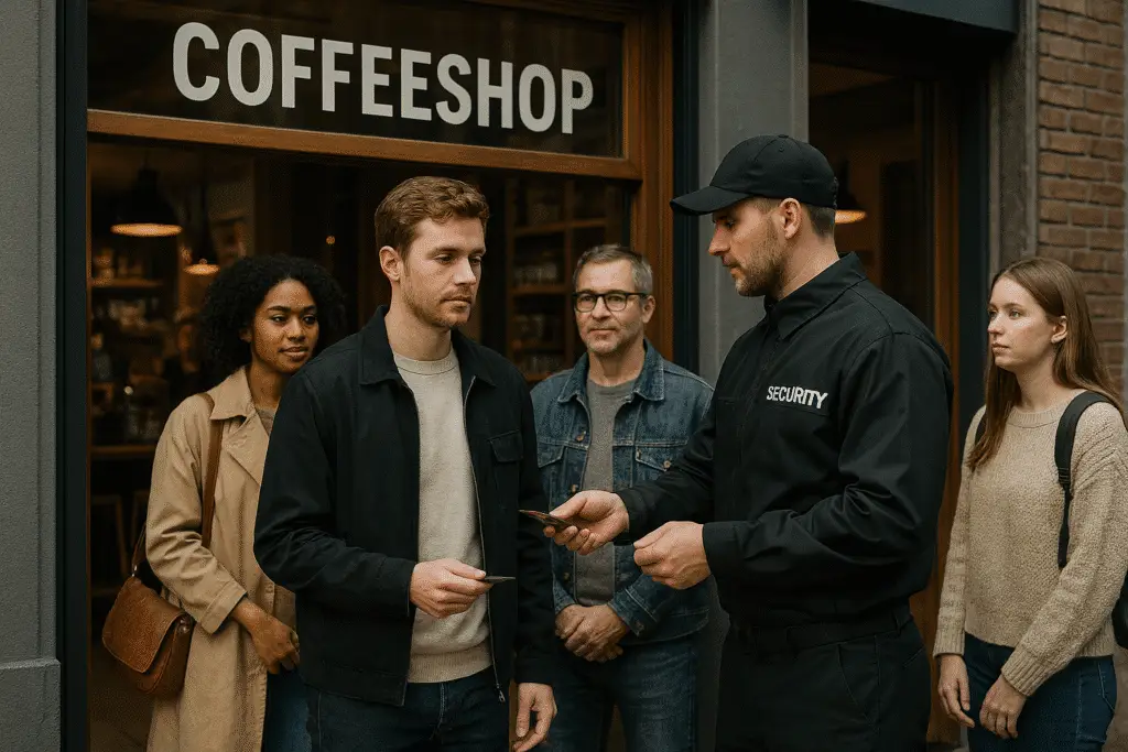 Group outside coffee shop entrance.