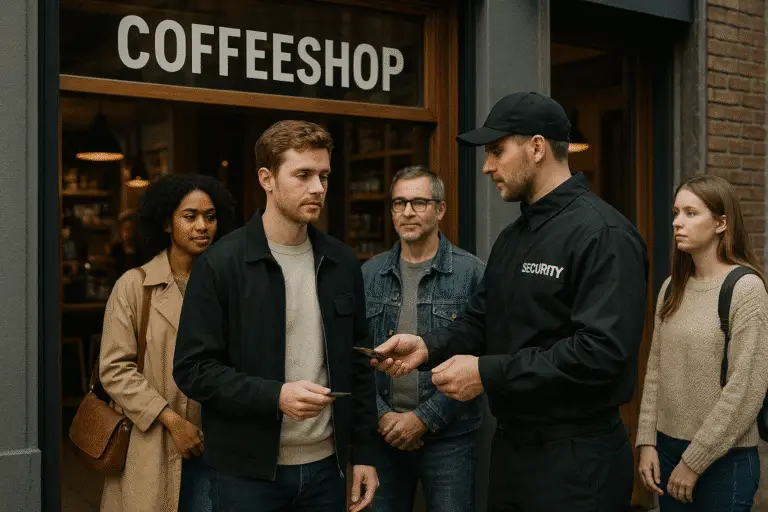 Group outside coffee shop entrance.
