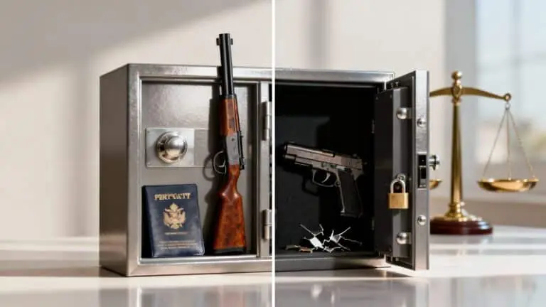 An open gun safe containing firearms and paperwork