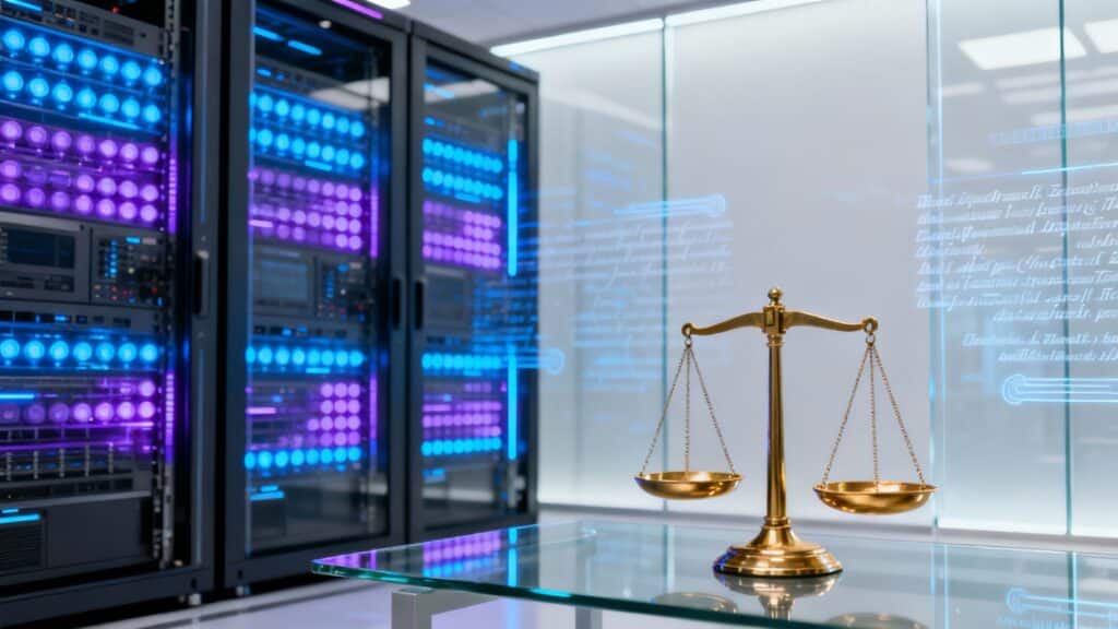 the legal framework for quantum computing and data security! 2 Scales of justice in a server room.