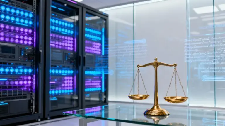 Scales of justice in a server room.