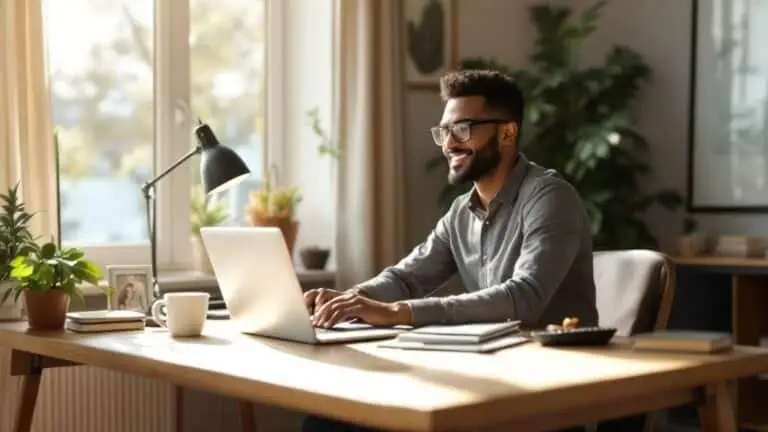 A man working alone at a laptop beside a window