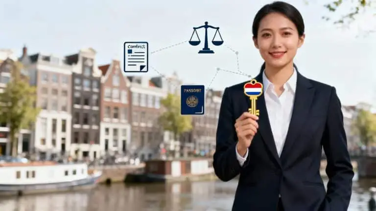 Žena držící mikrofon před Amsterdam domy u kanálu