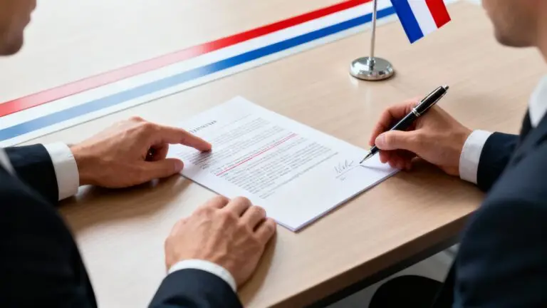 A hand signing a contract on a desk, with red, white and blue ribbons across the table