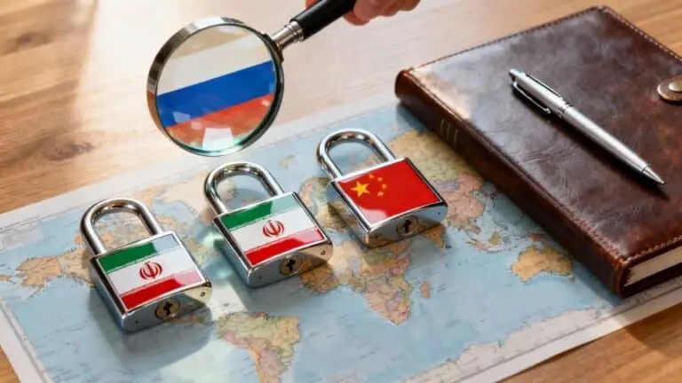 Lucchetti con le bandiere russa e cinese appoggiati su una mappa del mondo accanto a un quaderno