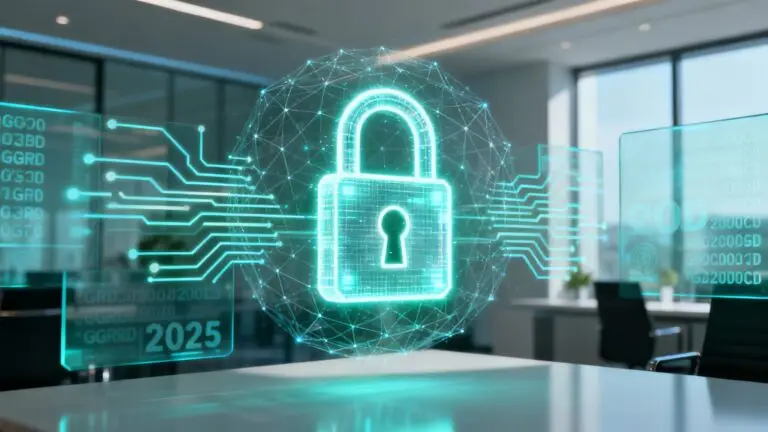 A glowing digital padlock above a circuit-board pattern in an open-plan office