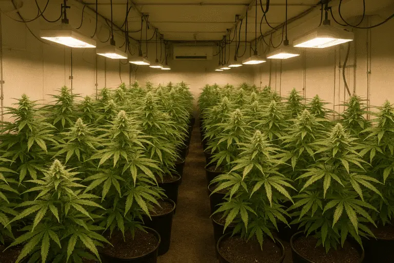 Zomera zamkati za cannabis pansi pa nyali zokulira