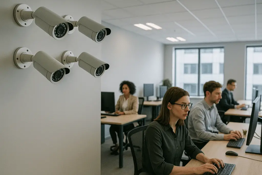 Office space with security cameras on wall