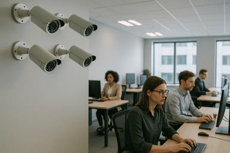 Office space with security cameras on wall