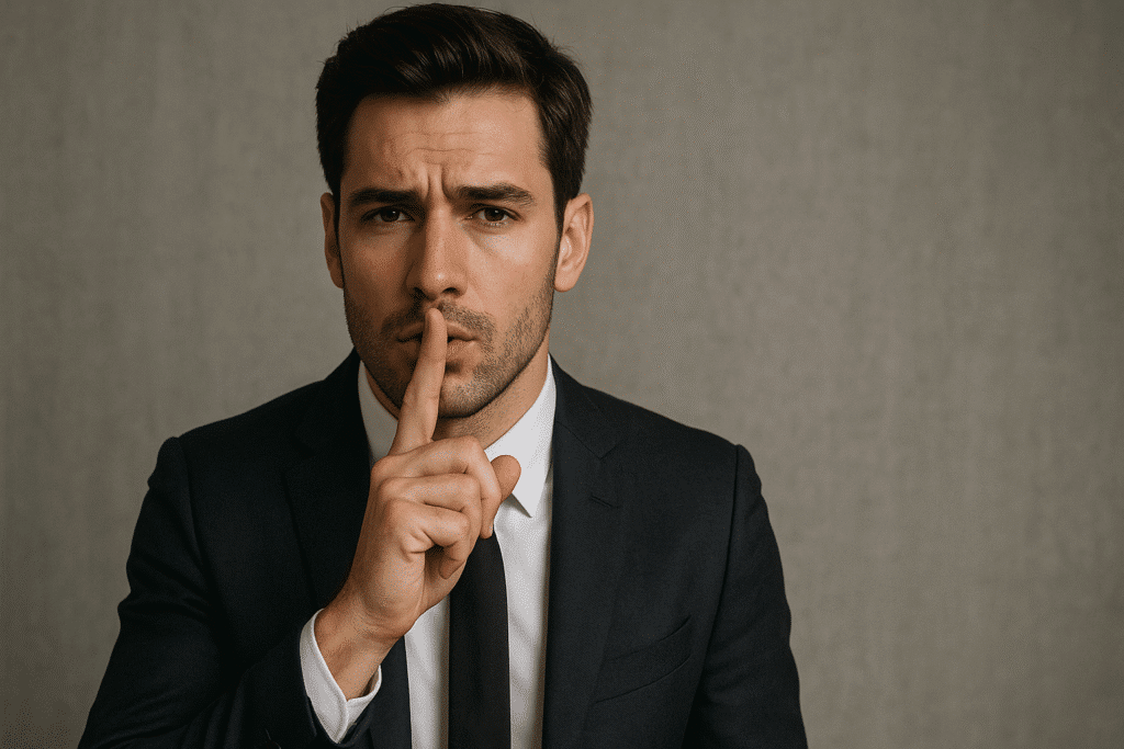 Man in suit holding finger to lips.