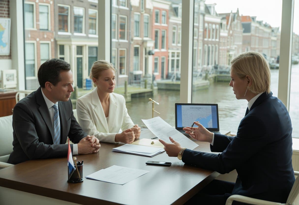 A man and woman consulting a lawyer in an office with a view of Dutch buildings and canals.