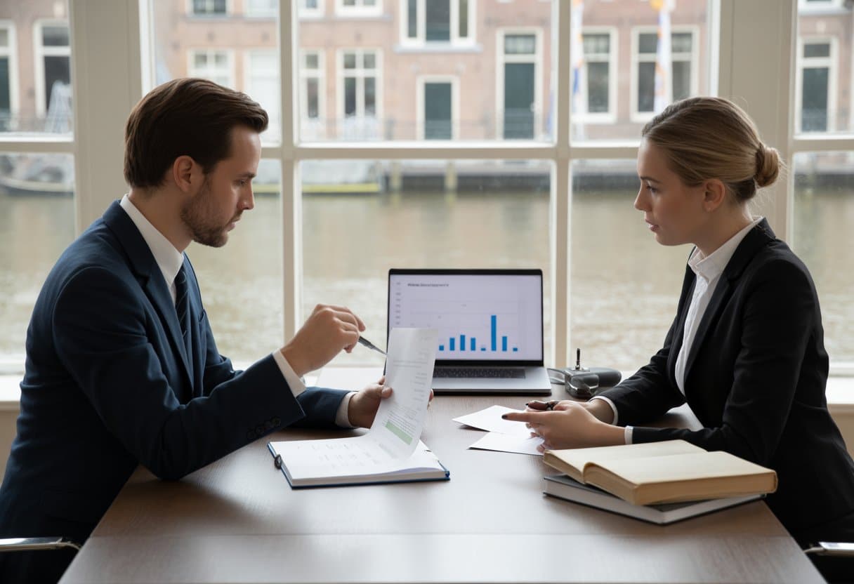 Two lawyers discussing documents in a modern office with a view of Dutch canals and buildings outside the window.