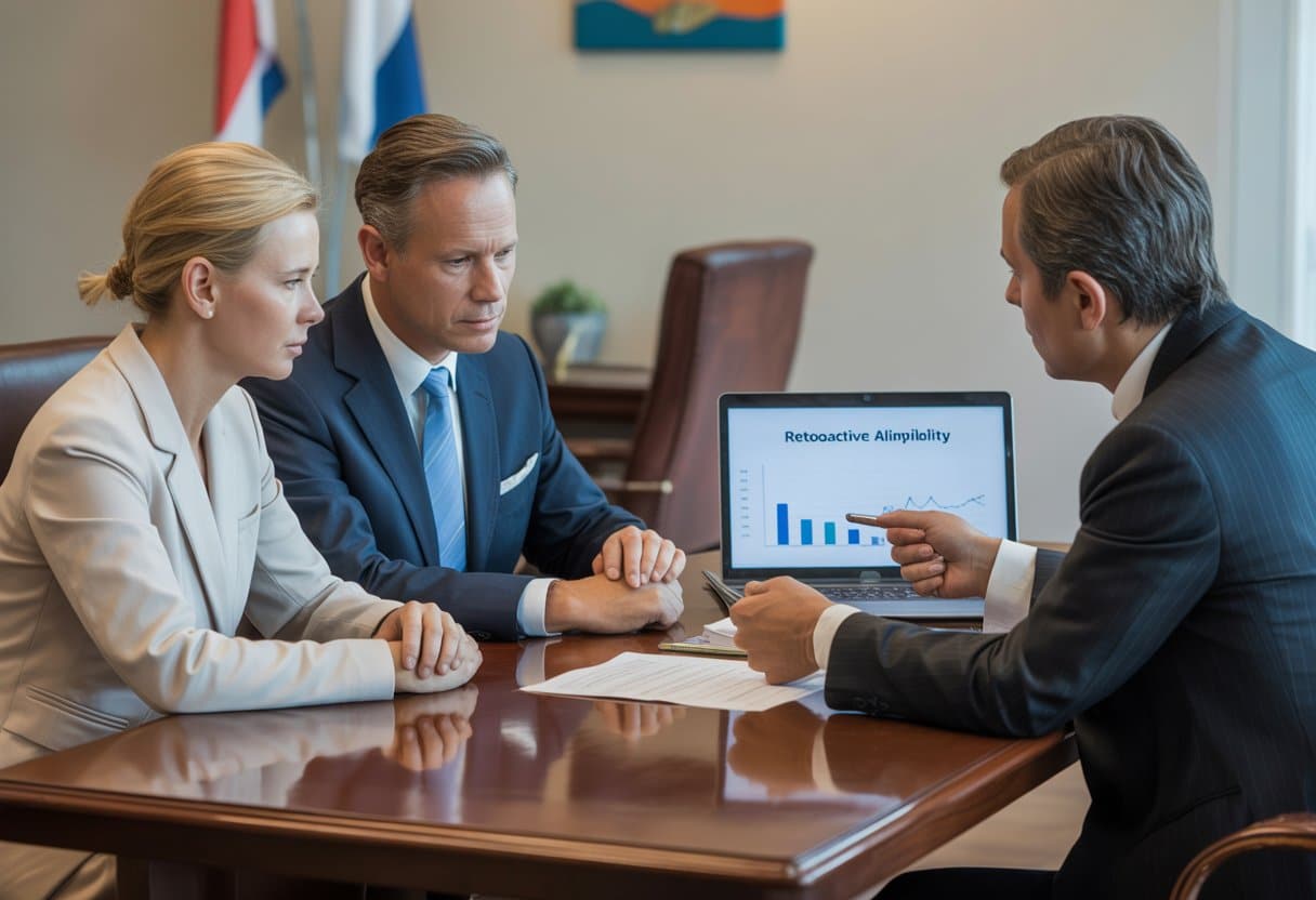 A couple consulting with a lawyer in an office discussing financial documents.