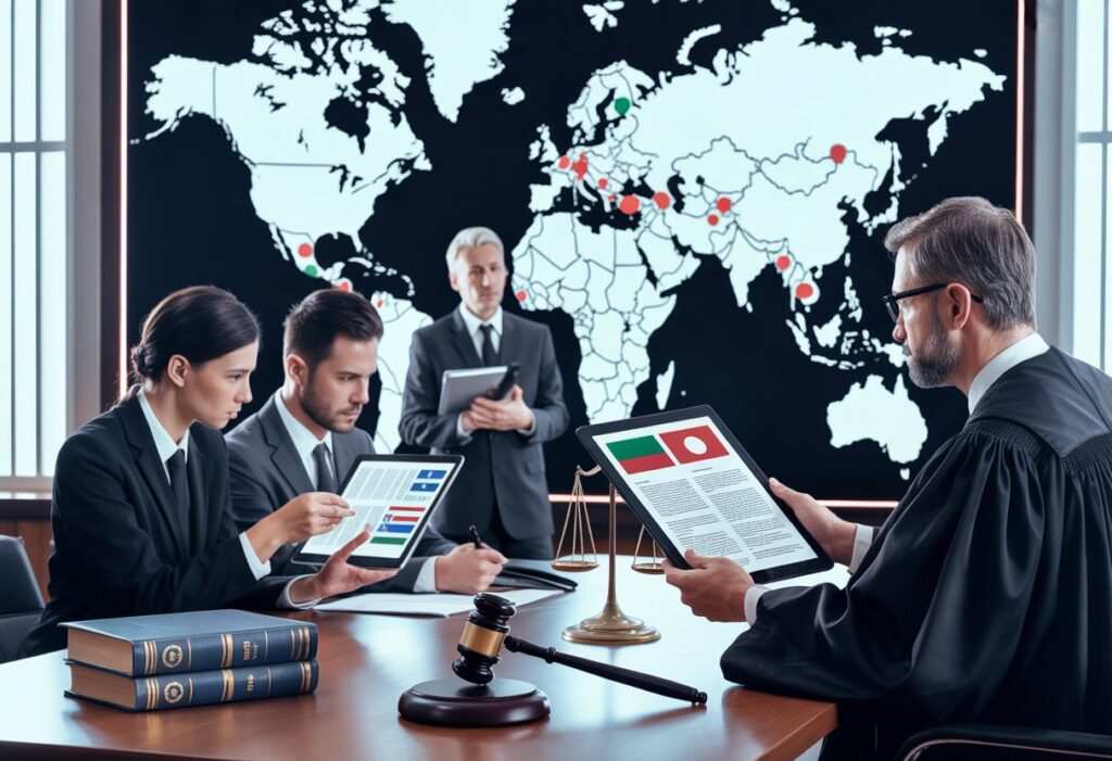 Een moderne rechtszaal waar een rechter en advocaten documenten bespreken met een wereldkaart op de achtergrond die landen markeert.