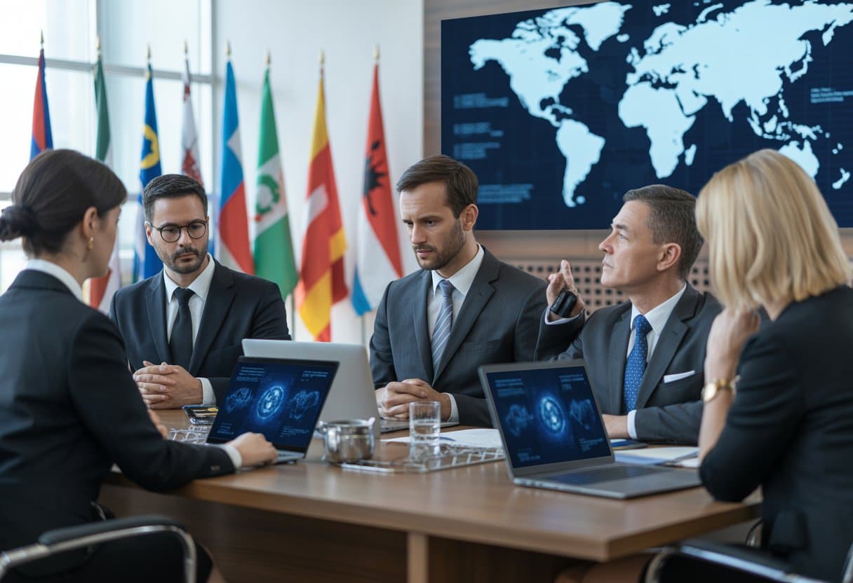 Een groep juriche professionals bespreekt internationale sancties in een moderne rechtszaal met wereldkaarten en vlaggen op de achtergrond.