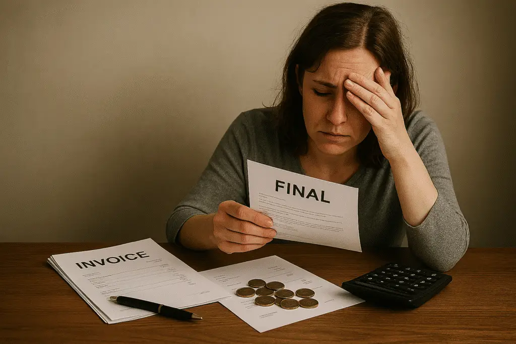 Concerned woman reviewing financial documents.