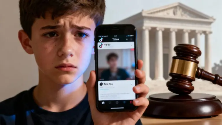 A teenage boy looking at a smartphone, with a judge’s gavel in the foreground