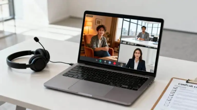 A laptop showing a video meeting with colleagues, a headset beside it on the desk