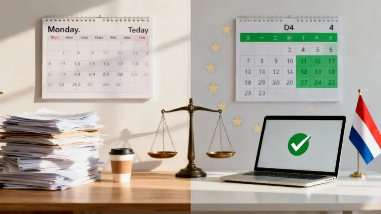 A wall calendar beside a laptop showing a green tick, on a desk with a coffee cup
