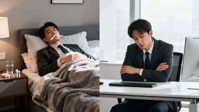 A split image showing an employee ill in bed on one side and at work in a suit on the other