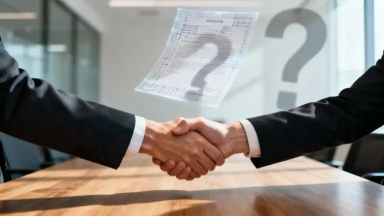 Two people shaking hands with question marks floating above them