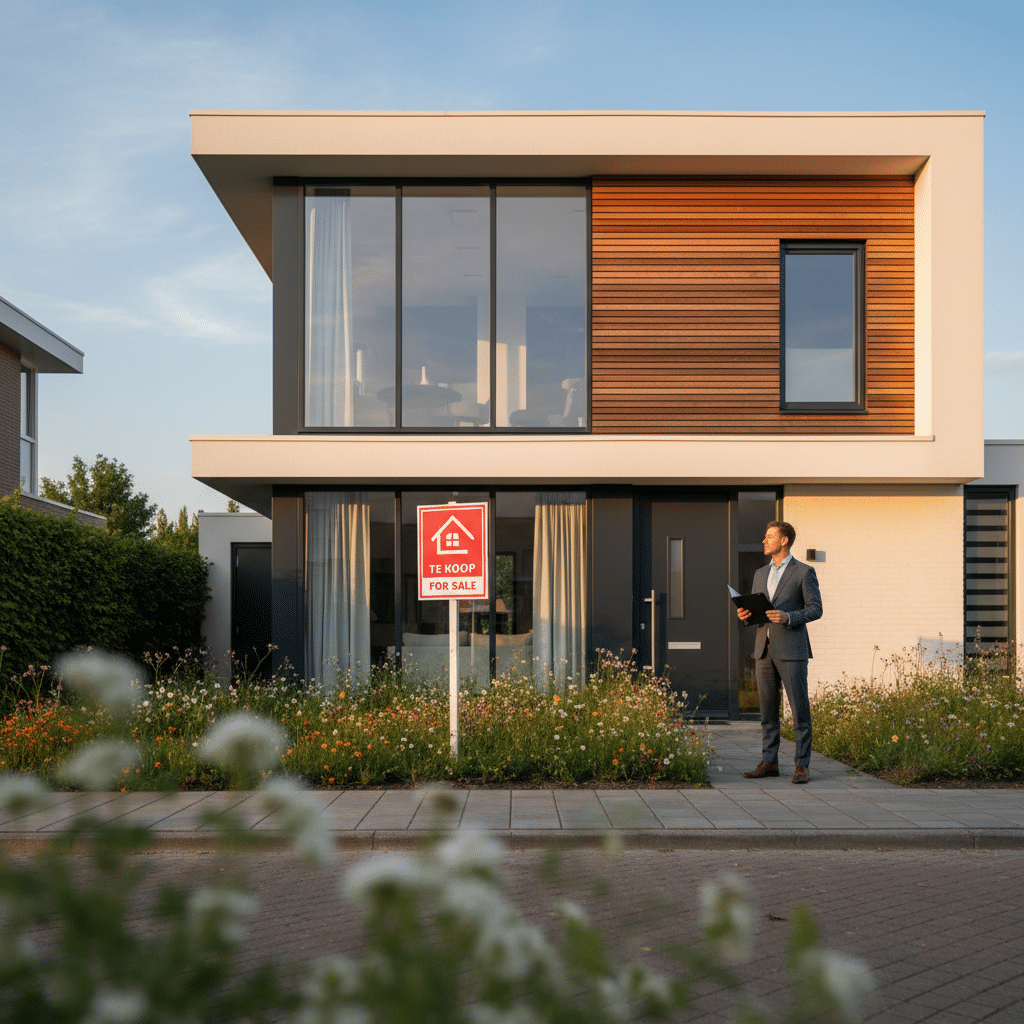 Modern house with for sale sign.