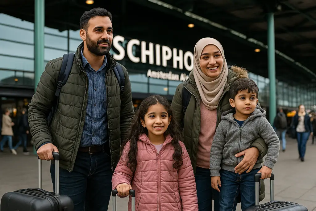 Family arriving at Schiphol Airport.