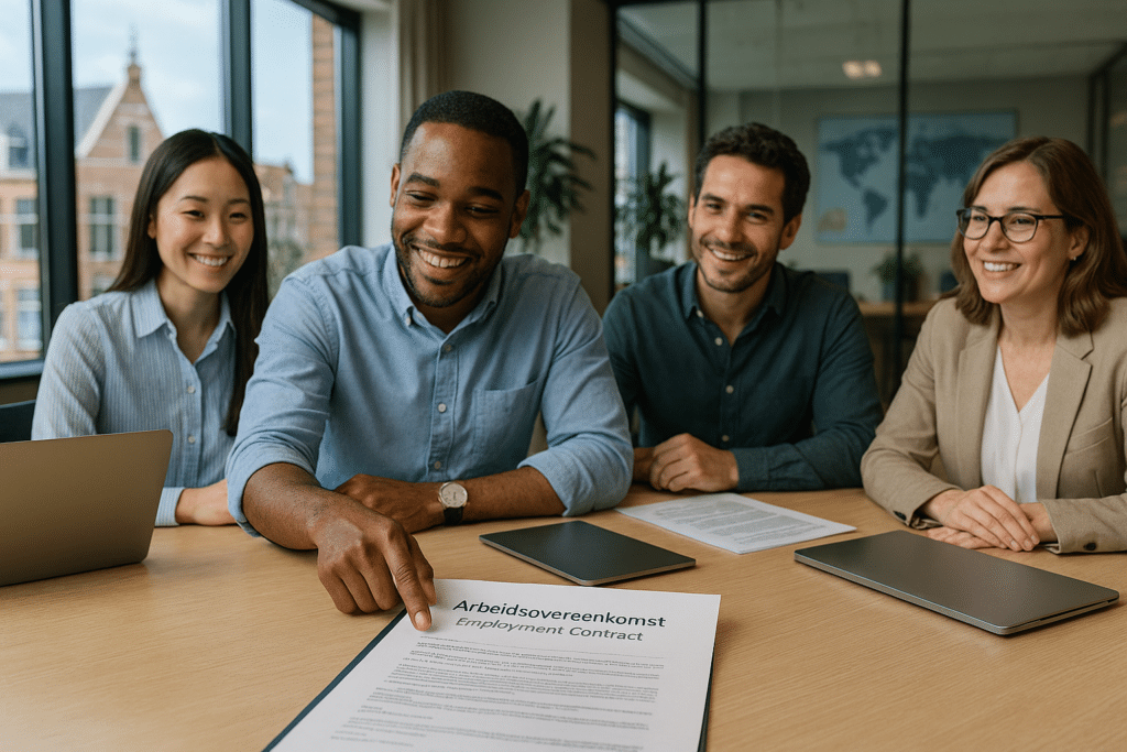 Group of people discusses employment agreement