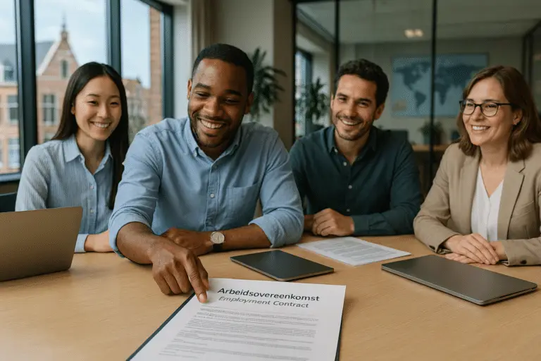 Group of people discusses employment agreement