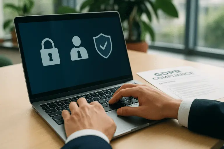 O le komepiuta feaveai o loʻo faʻaalia ai faʻailoga o le tausisia o le GDPR
