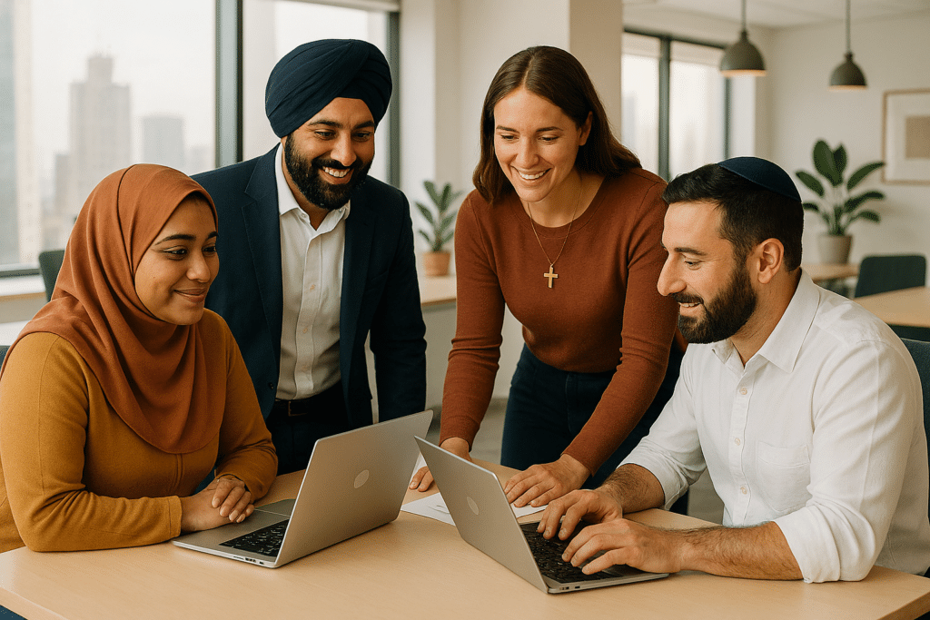 People with laptops in a room