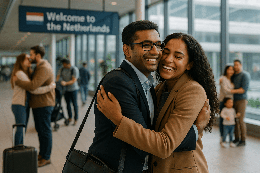 Couple embracing at airport arrival