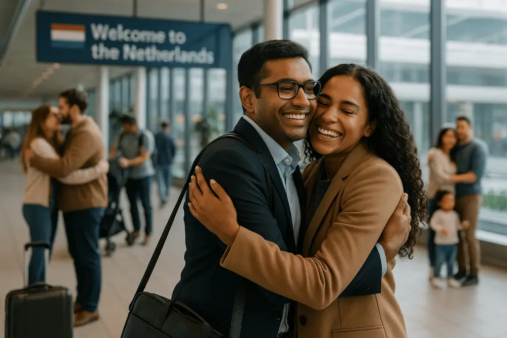 Couple embracing at airport arrival