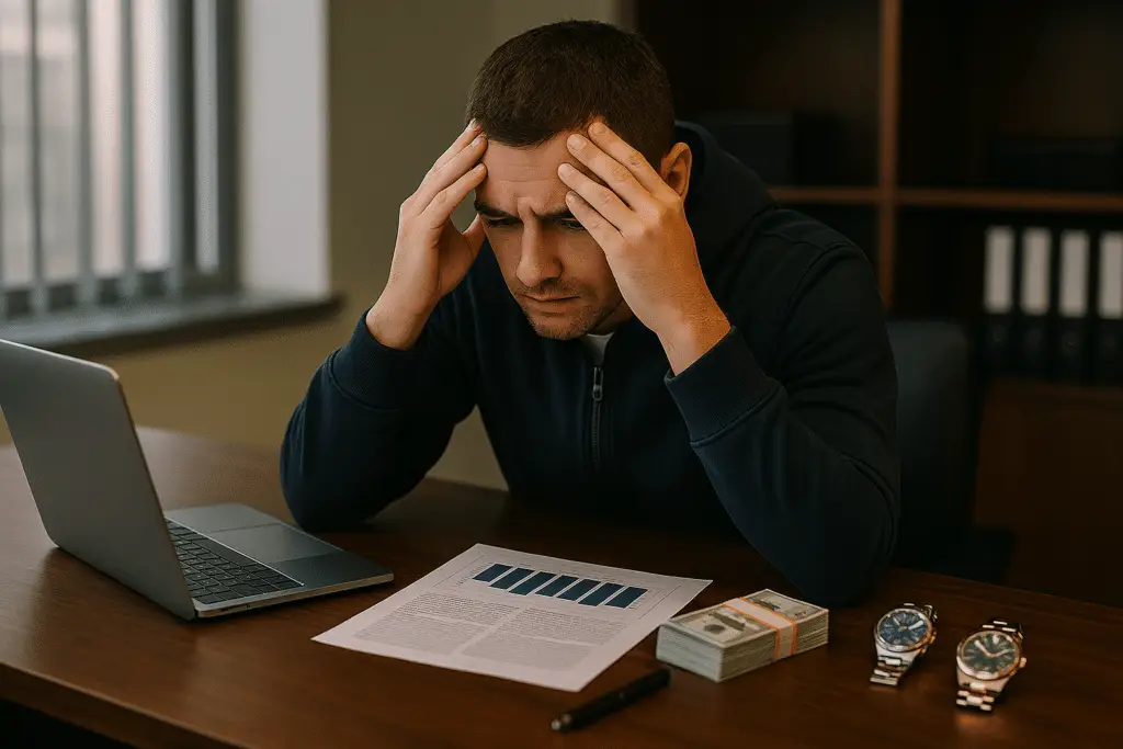 Stressed individual at a desk.