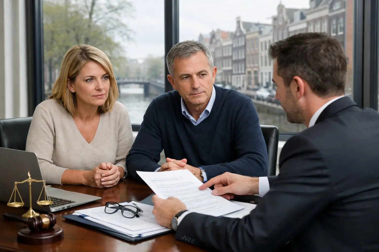 Divorce or Separation in the Netherlands: Which Legal Issues Must You Address? 1 A couple consulting a lawyer in a modern office with a view of Dutch buildings, discussing legal documents.