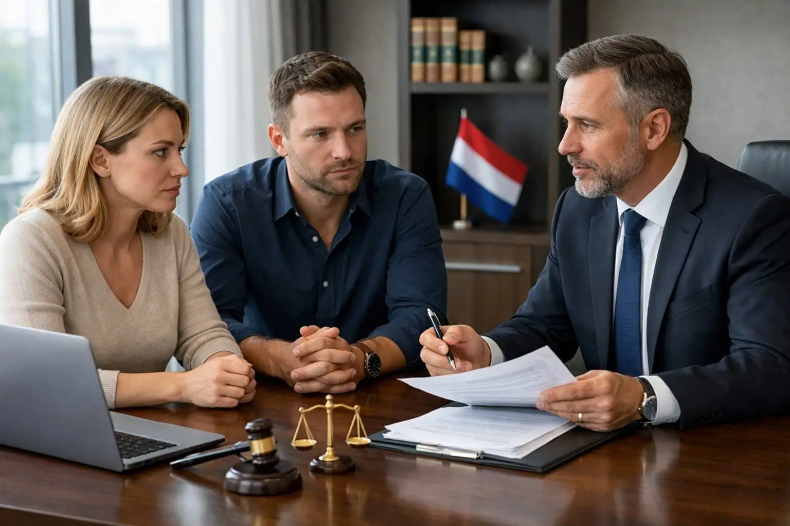 Divorce or Separation in the Netherlands: Which Legal Issues Must You Address? 3 A couple consulting with a lawyer in an office, discussing legal matters related to divorce or separation.