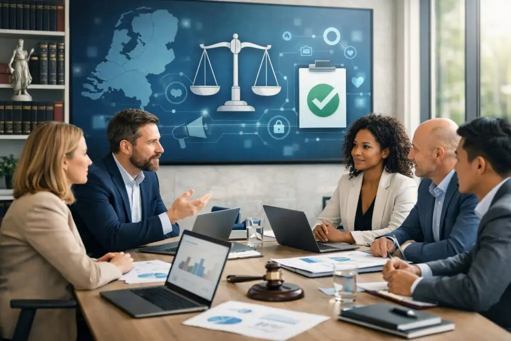 A group of professionals having a meeting in a modern office with laptops and documents, discussing marketing and legal compliance.