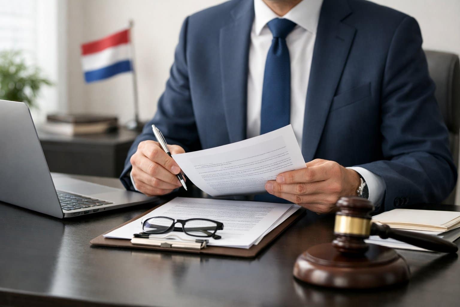 A businessperson reviewing legal documents at a desk in a modern office with subtle Dutch elements in the background.