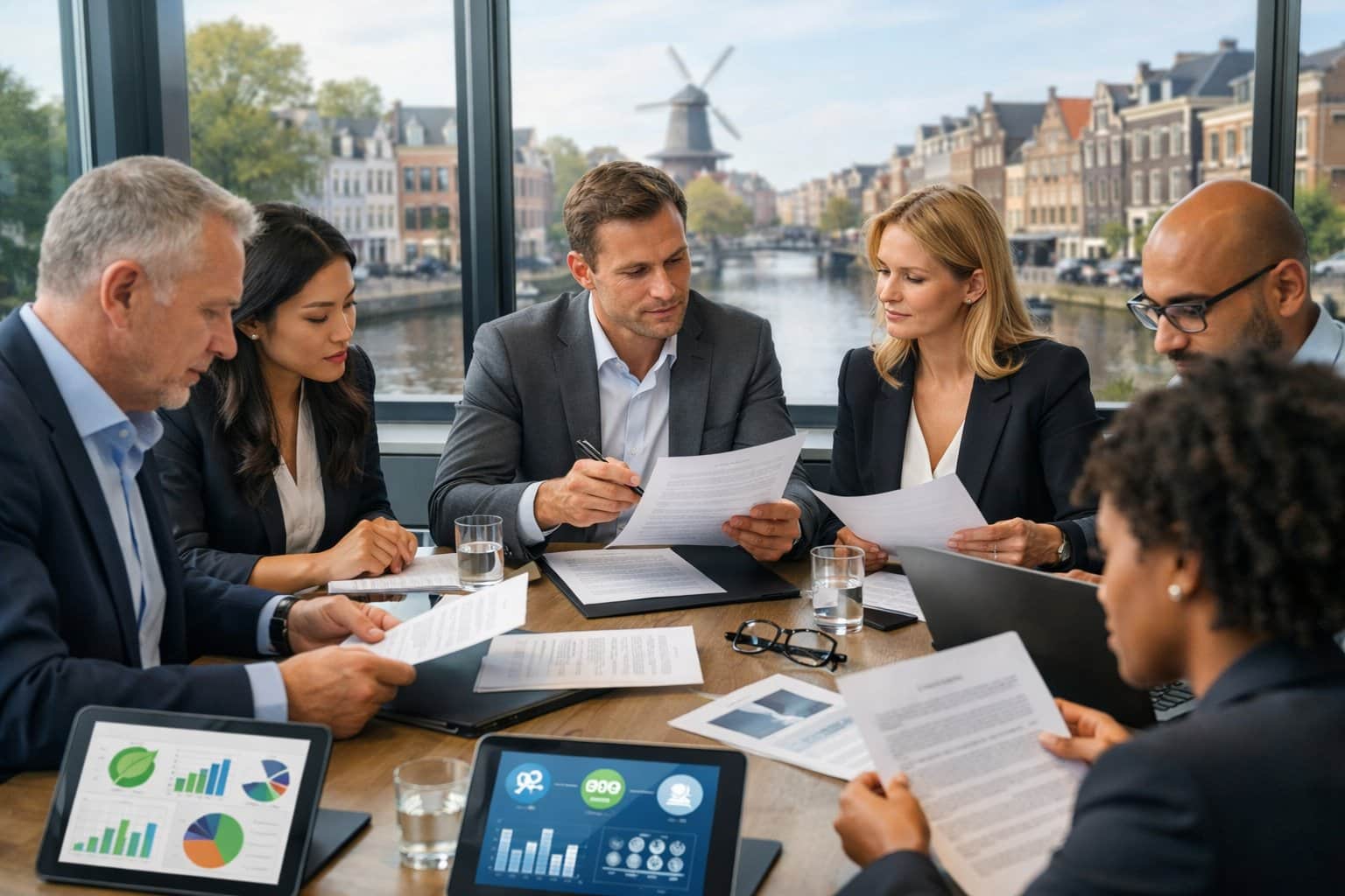 A diverse group of business professionals reviewing contract documents in a modern office with a view of a Dutch cityscape.