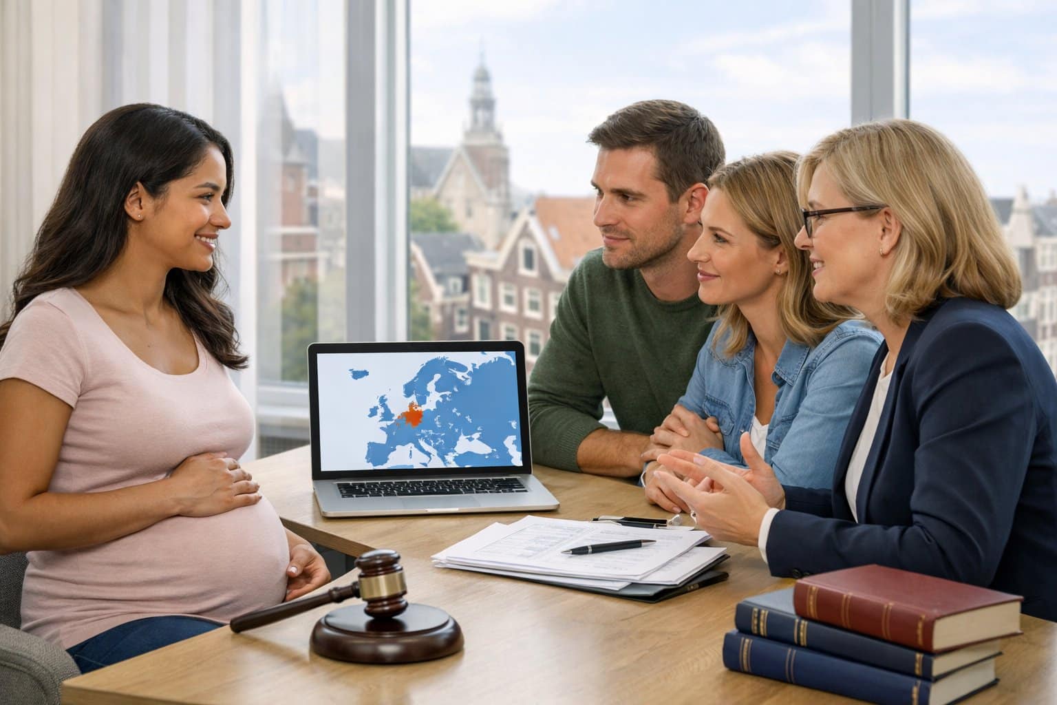 A group of people discussing legal documents in a bright office with a map of Europe visible on a laptop screen.