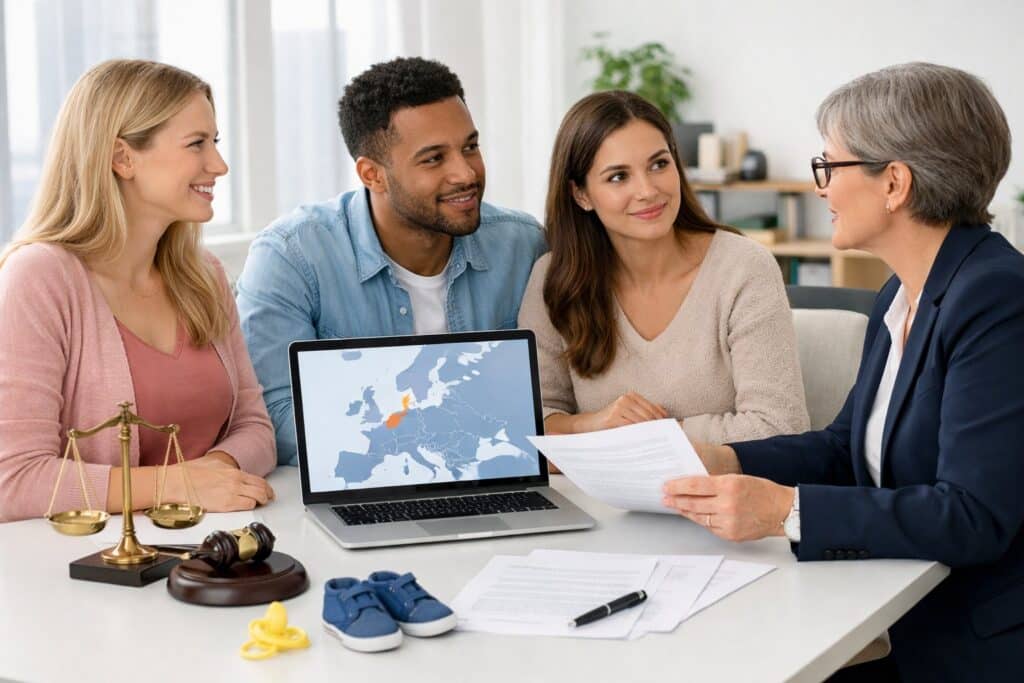 A surrogate mother, intended parents, and a legal advisor discussing surrogacy documents in a bright office with a laptop showing a map of Europe.