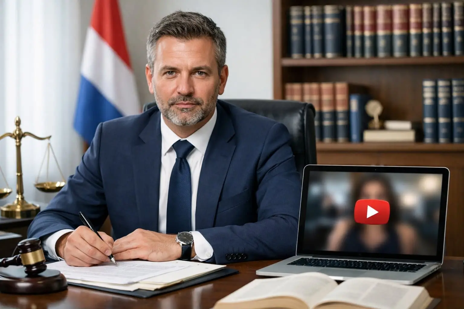 Sügavvõltsingud ja Hollandi kriminaalõigus: mida ütleb seadus võltsvideote kohta? 1 Advokaat moodsas kontoris koos juriidiliste dokumentide ja sülearvutiga, millel on ähmane video, taustal Hollandi lipp ja õigusraamatud.