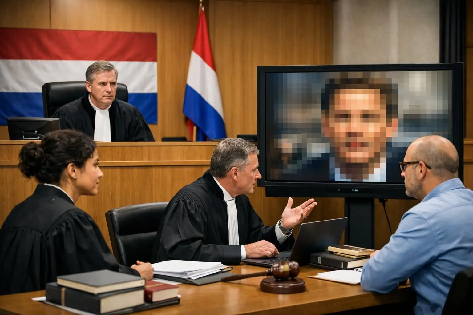 Sügavvõltsingud ja Hollandi kriminaalõigus: mida ütleb seadus võltsvideote kohta? 3 Hollandi kohtusaal, kus juristid arutavad ekraanil olevat udust videot, mis esindab deepfake-videoid juriidilises keskkonnas.
