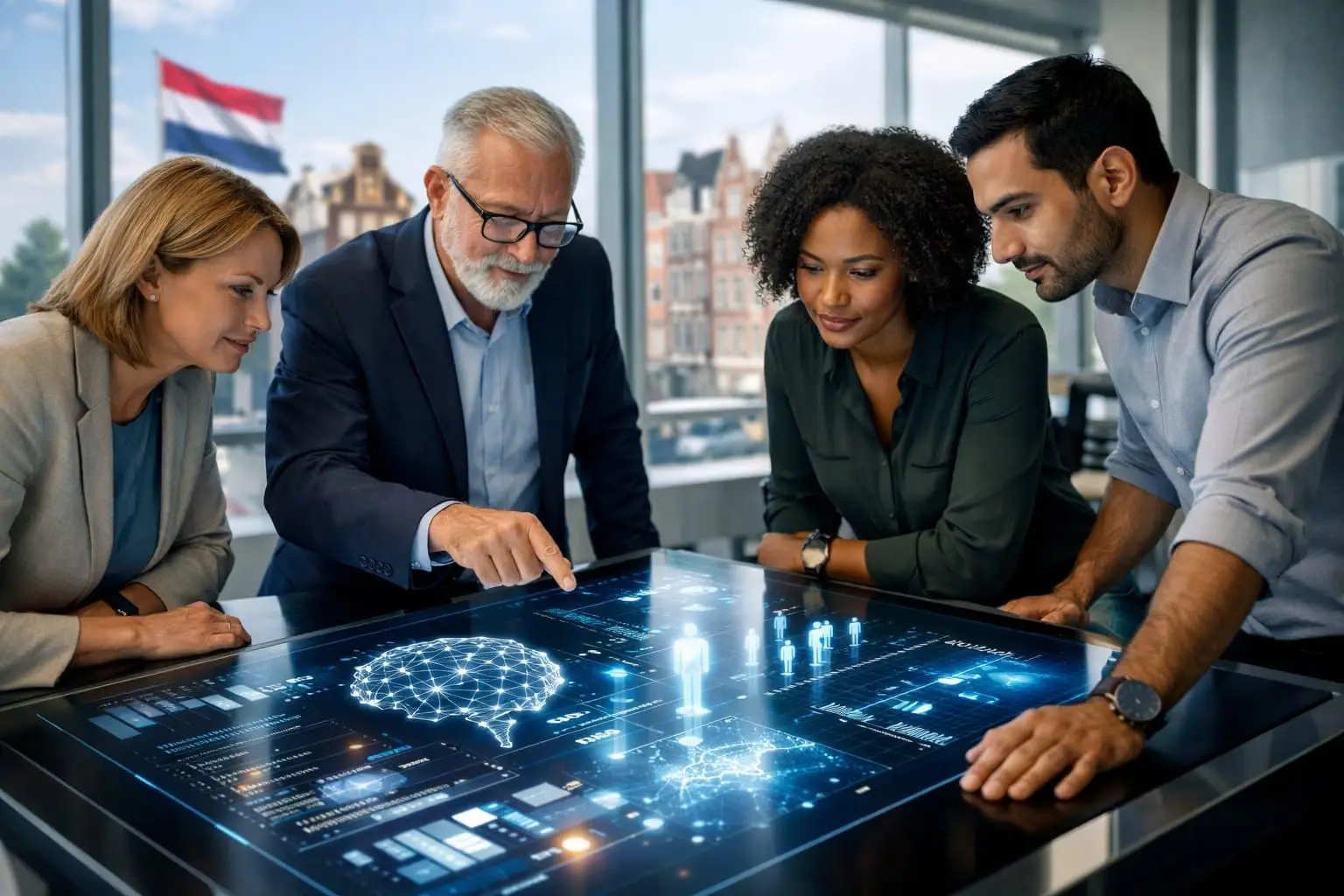 A group of professionals working together around a digital touchscreen table displaying data visualisations, with a view of Dutch canal houses through large windows.