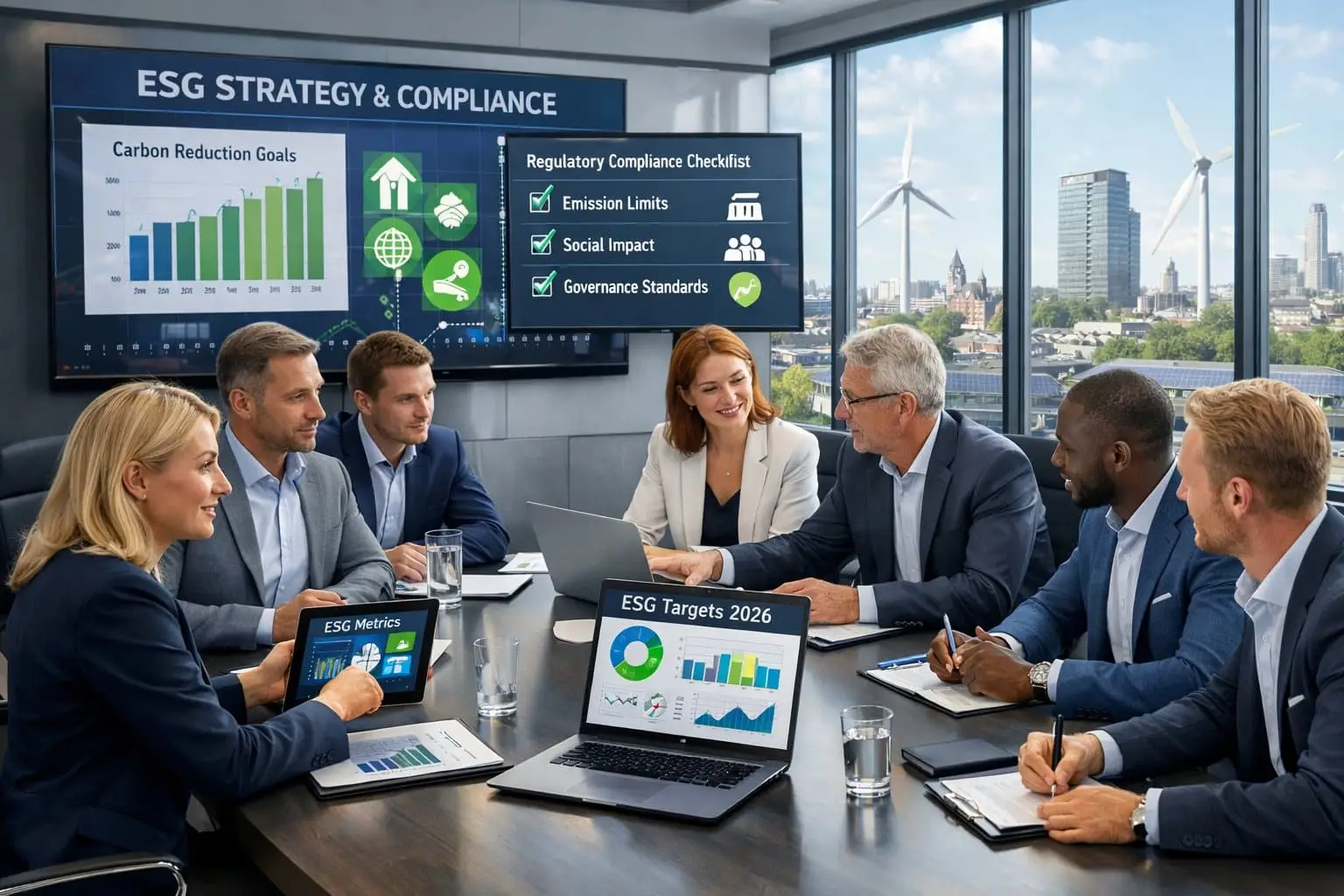 ESG Regulation in 2026: What Dutch Companies Need to Prepare For 1 A group of Dutch businesspeople meeting in a modern office, discussing ESG-related data with digital screens and city views featuring wind turbines and solar panels.