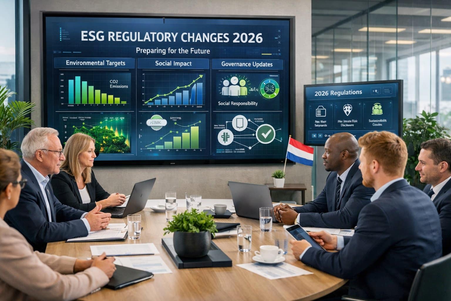 A group of business professionals in a modern office meeting around a table with digital screens showing charts and data about ESG regulations.