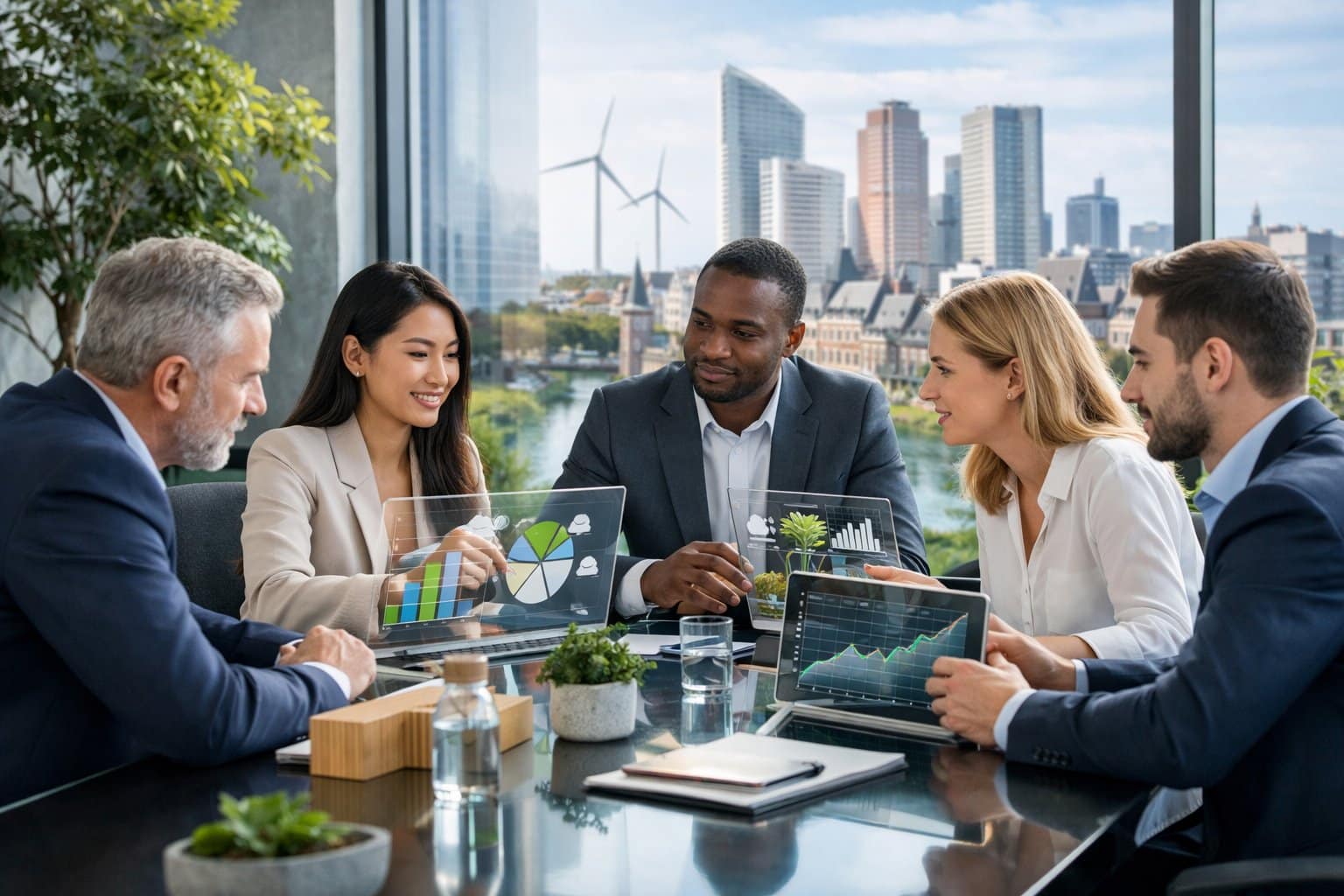 Business professionals in a modern office reviewing digital charts and discussing sustainability data around a conference table.