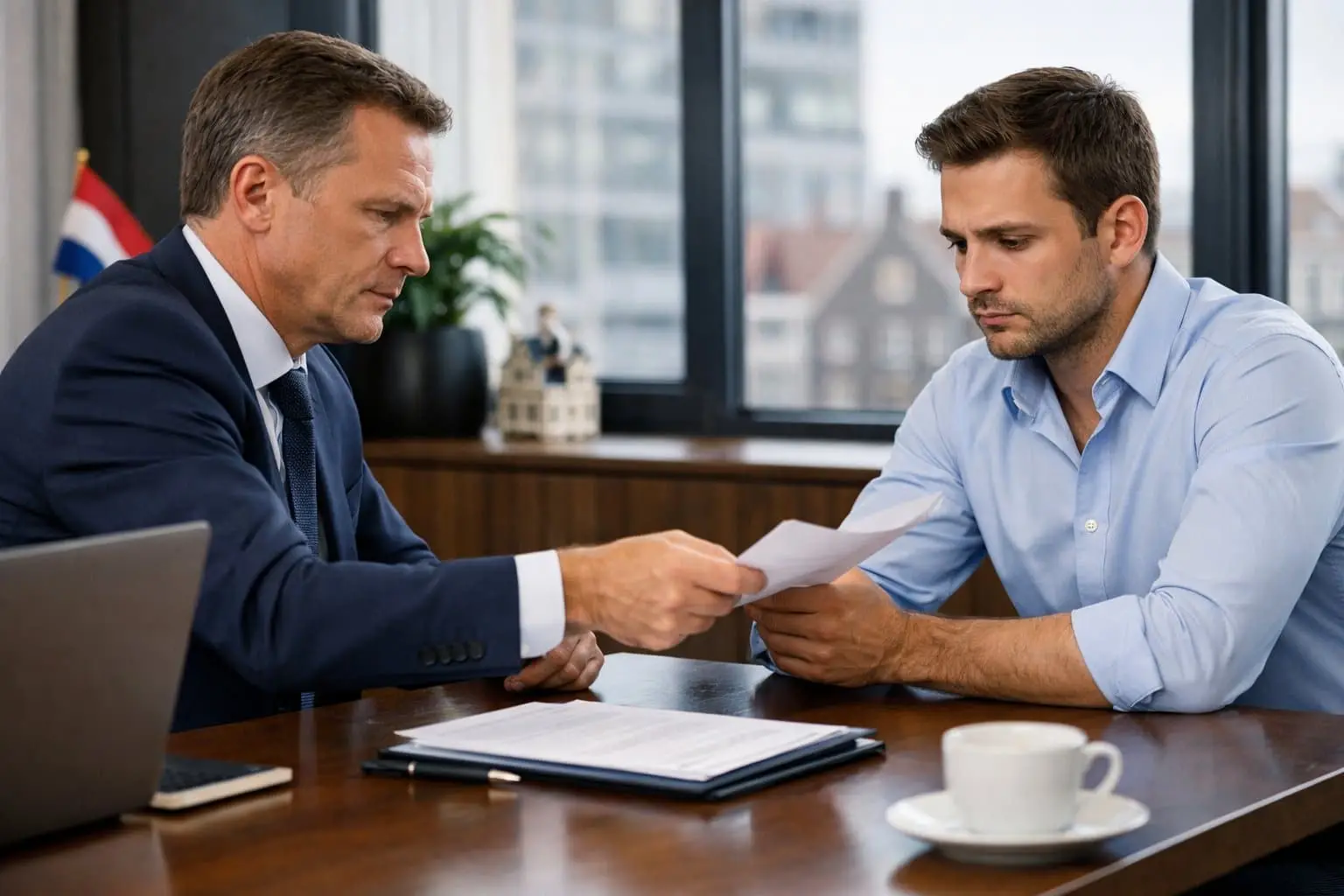 An employer and employee having a serious discussion in a modern office, with the employer handing a document to the concerned employee.